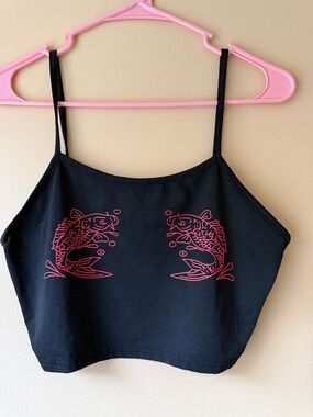 Black Crop Tank with Red Koi Print